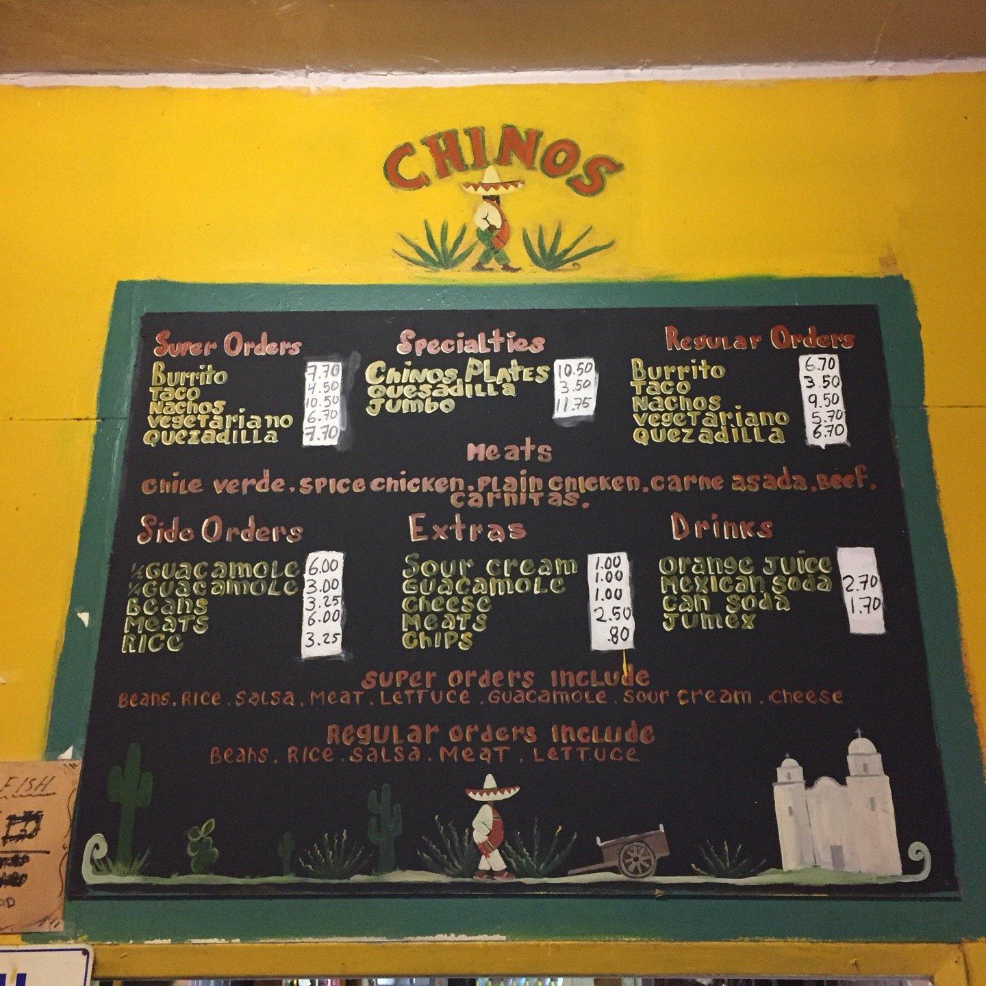Menu at chinos taqueria restaurant, San Francisco