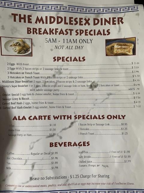 Menu at Middlesex Diner restaurant, West Middlesex