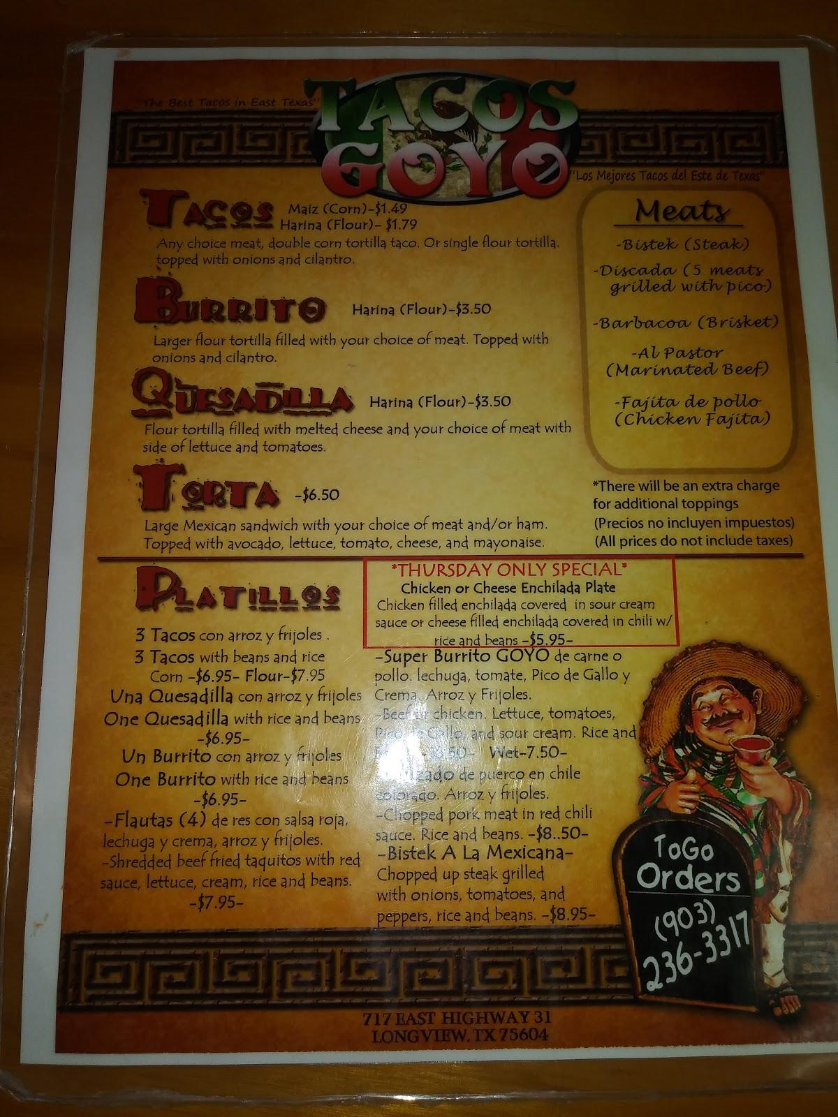 Menu At Tacos Goyo Restaurant Longview Tx