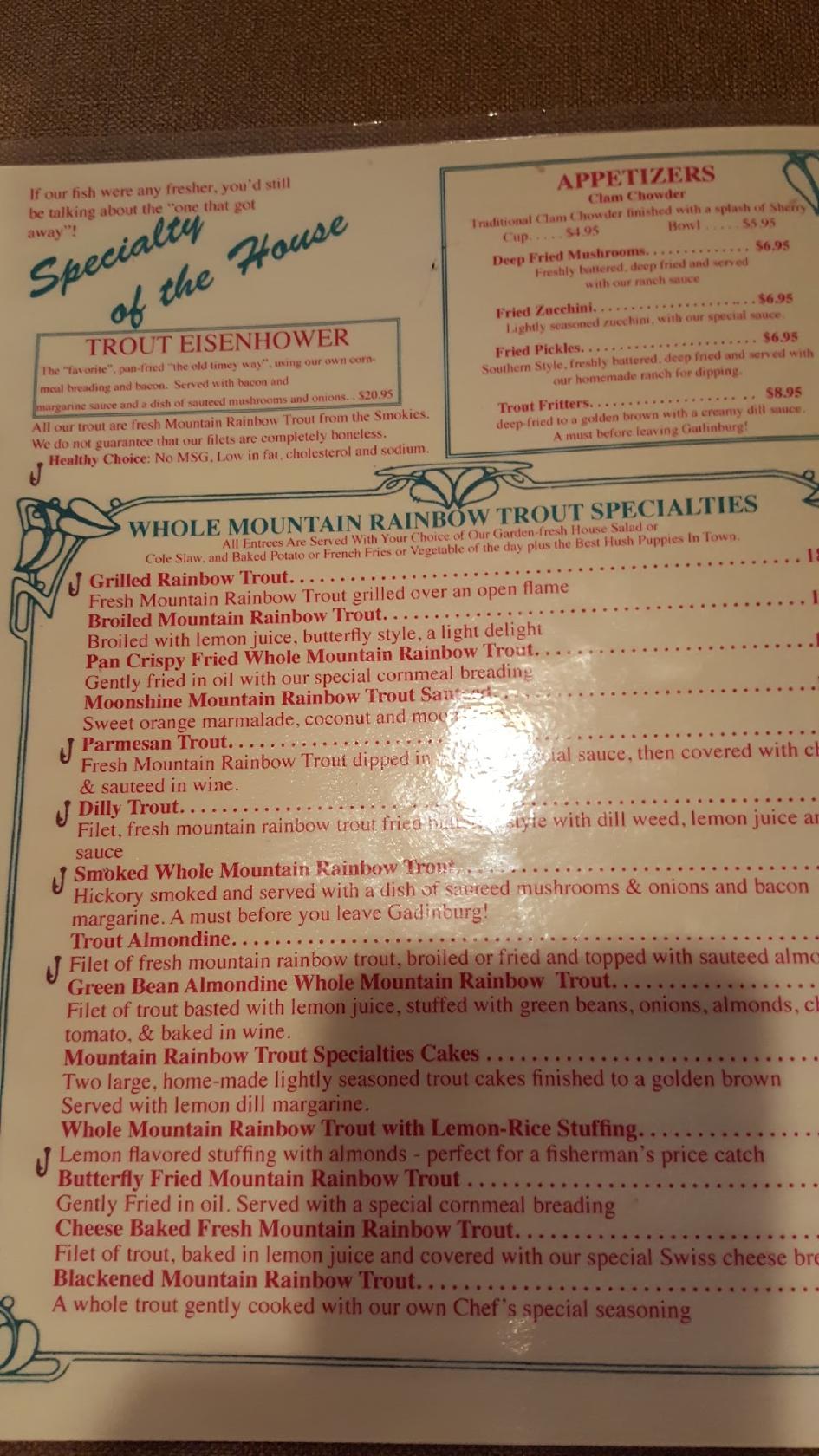 Menu at Smoky Mountain Trout House restaurant, Gatlinburg, 410 Parkway
