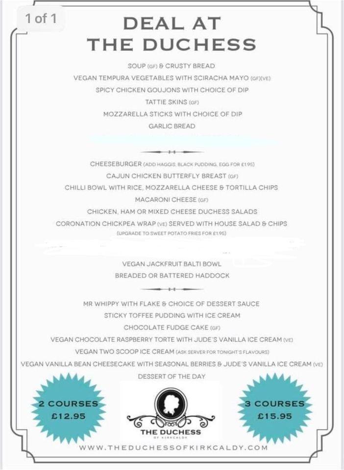 Menu at Duchess of Kirkcaldy restaurant, Kirkcaldy