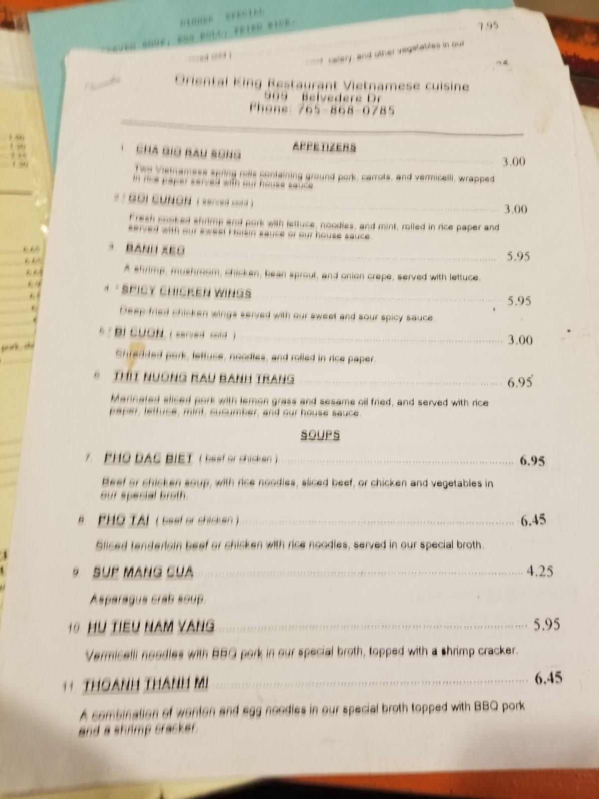 Menu at Oriental King Restaurant, Kokomo, 909 Belvedere Dr