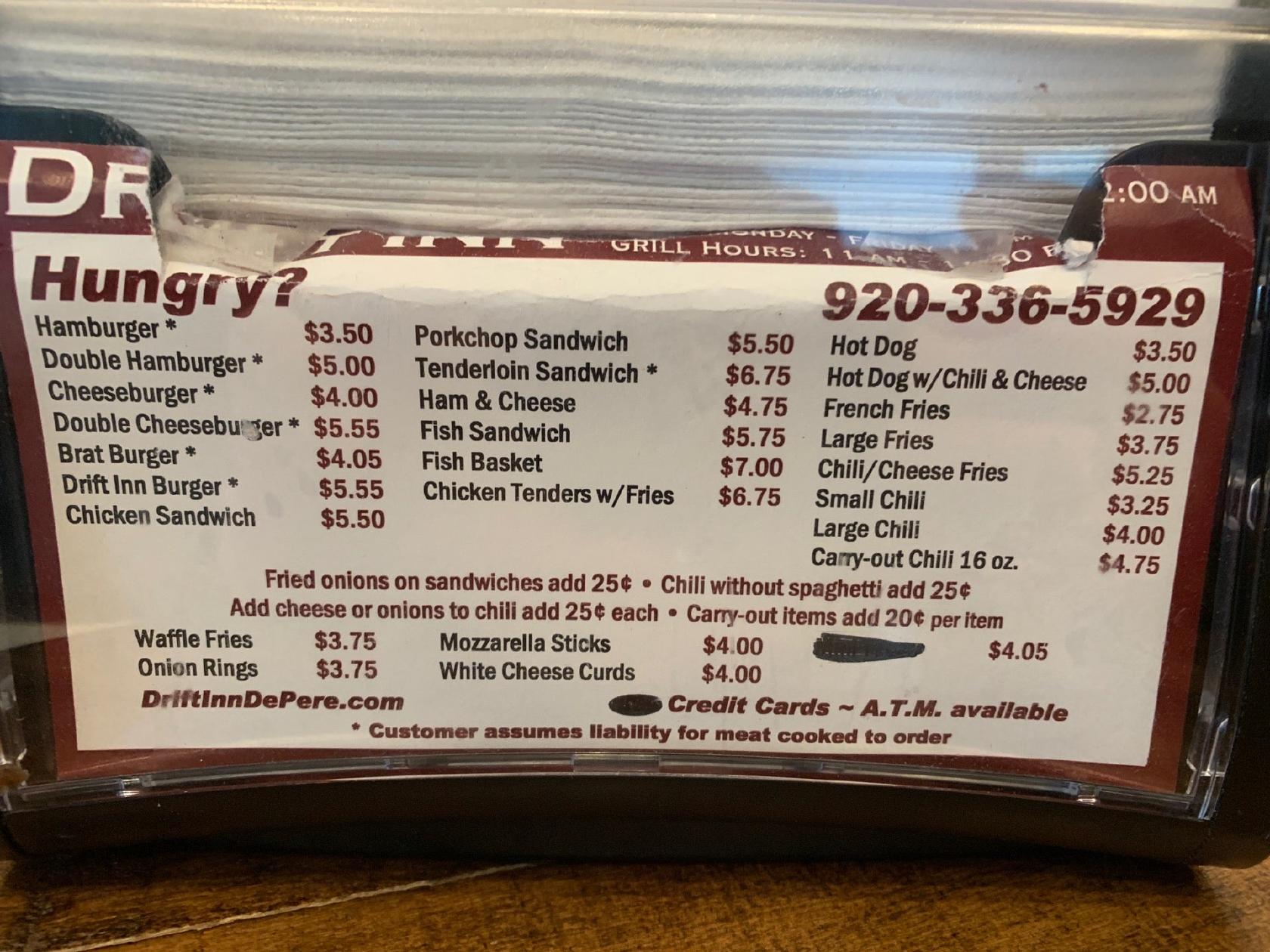 Menu at Drift Inn restaurant, De Pere