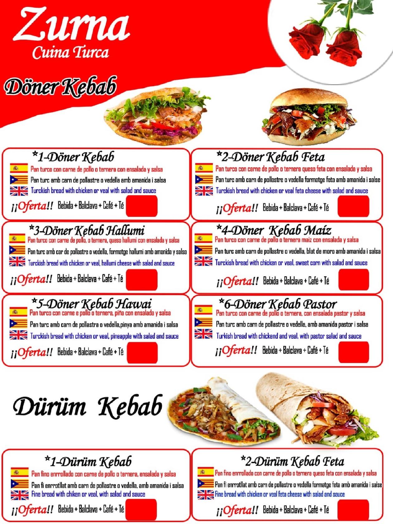 Menu at Zurna restaurant, Barcelona