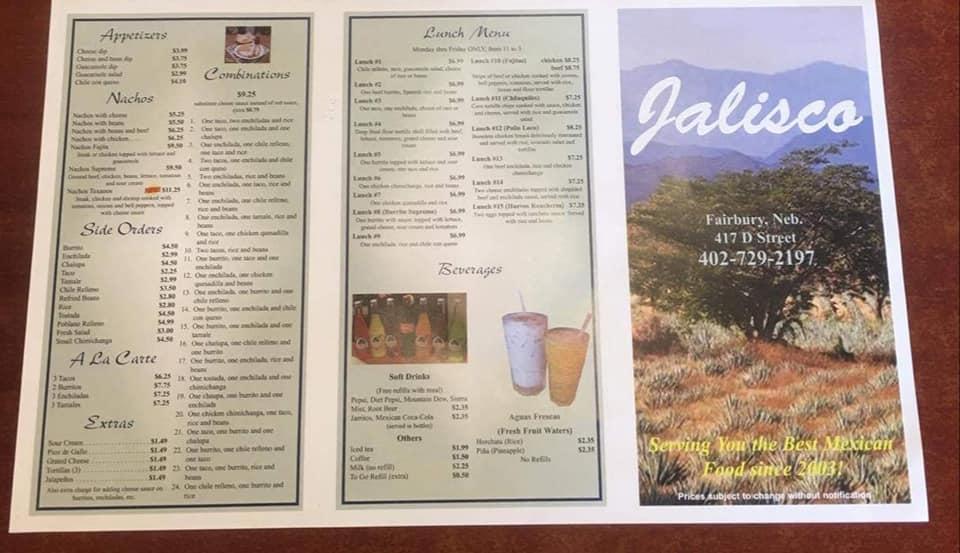 Menu at Jalisco Restaurant, Fairbury