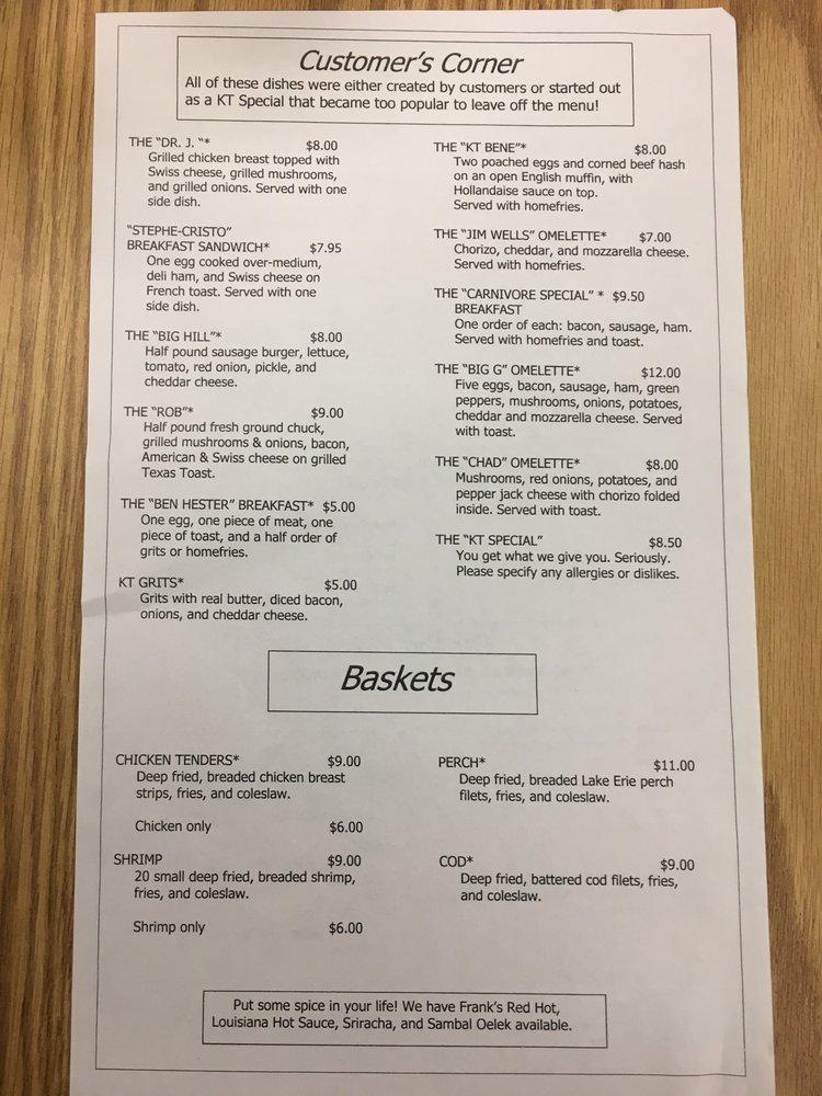 Menu at KT's Diner restaurant, Toledo