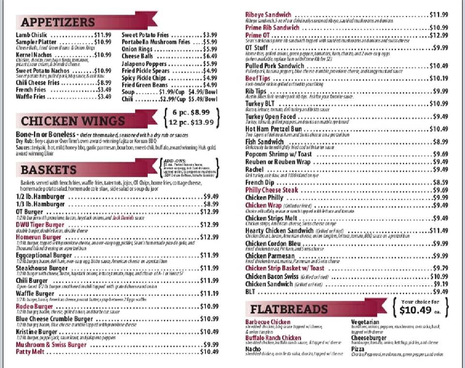 Menu at Overtime pub & bar, Mitchell