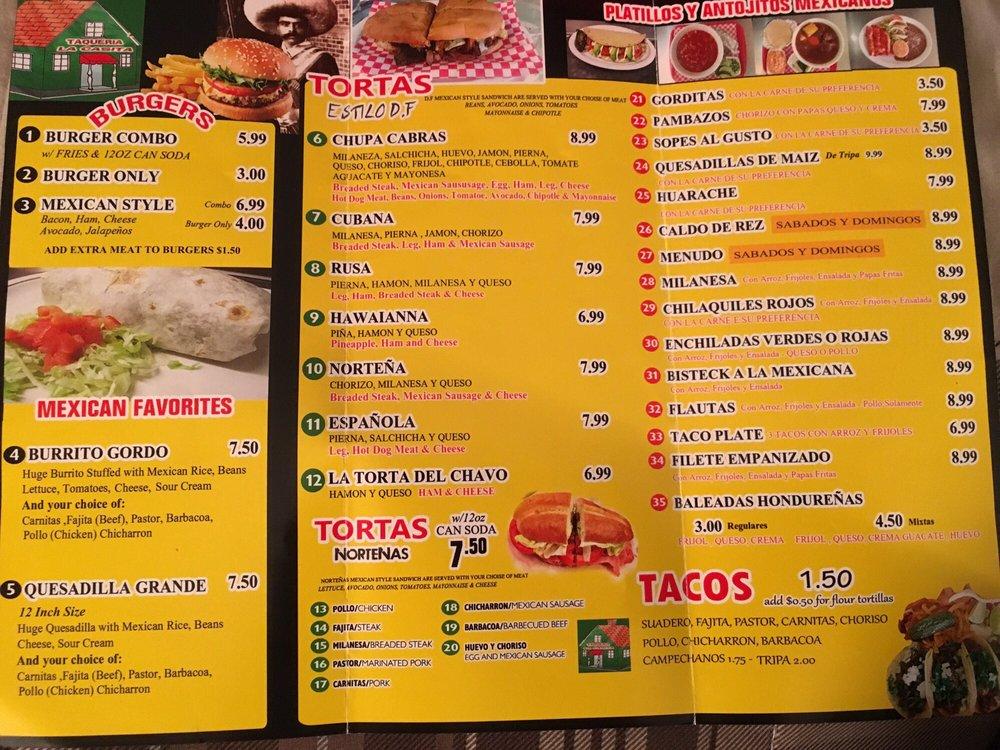 Menu at Las Casitas taquerias restaurant, Dallas, Esperanza Rd