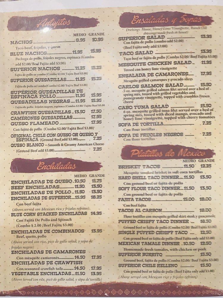 Menu at Superior Grill restaurant, Shreveport