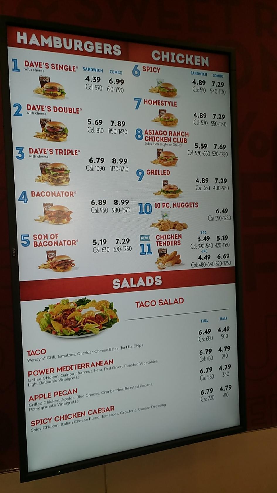 Menu at Wendy's fast food, Brainerd