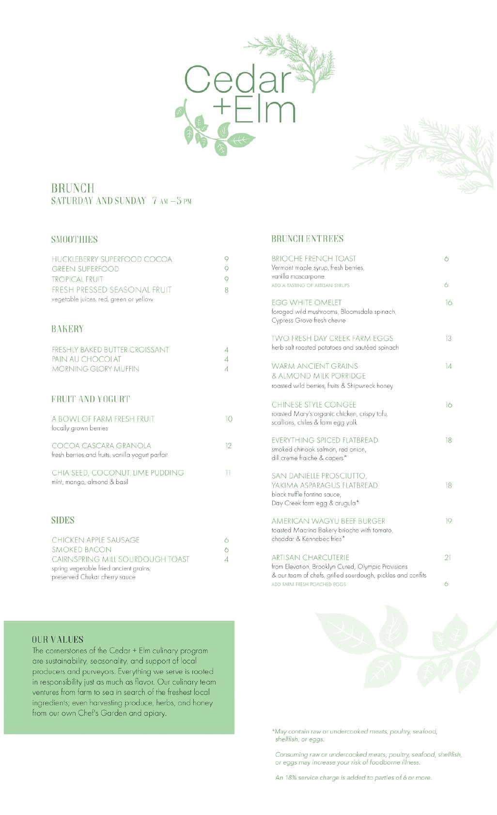 Menu at Cedar + Elm restaurant, Kenmore