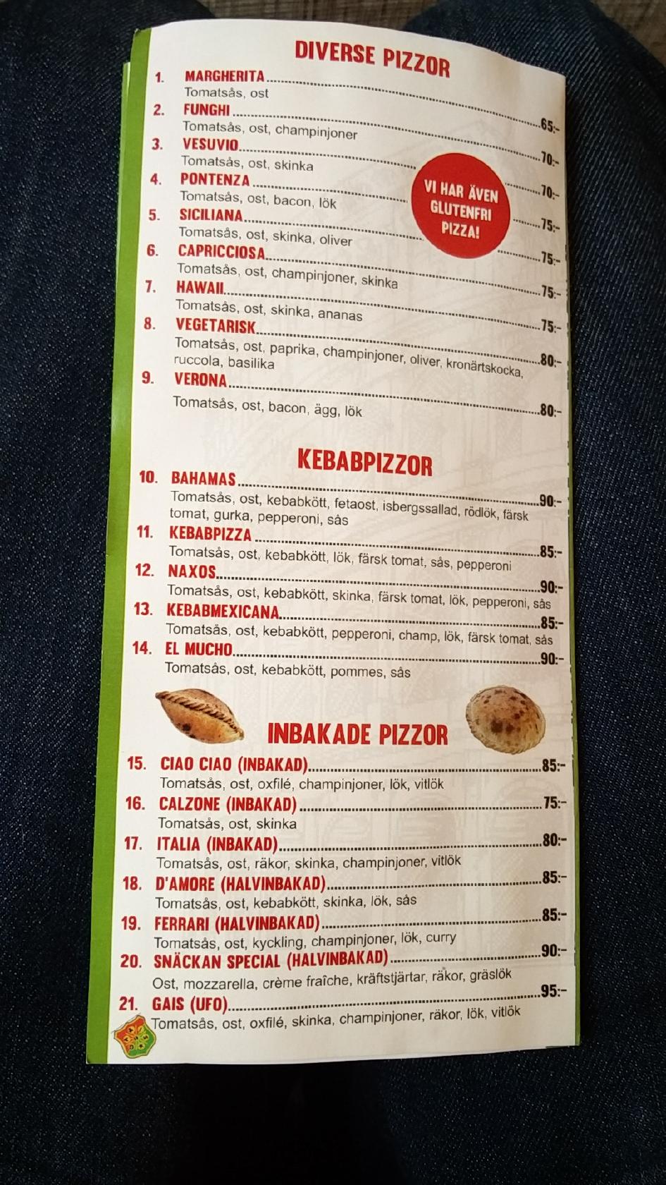 Menu at Pizzeria Italia, Gothenburg