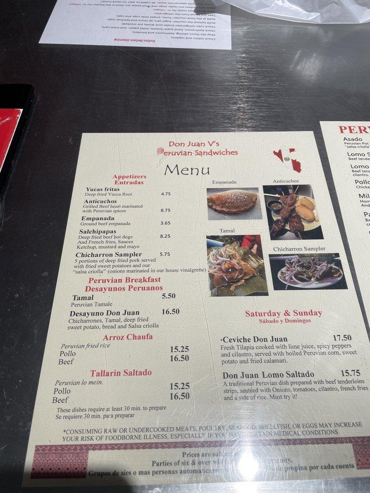 Menu at Don Juan V's Peruvian Sandwiches restaurant, Indianapolis