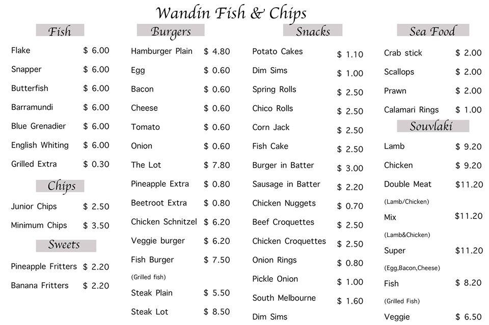 Menu at Wandin Fish & Chip Shop fast food, Wandin North