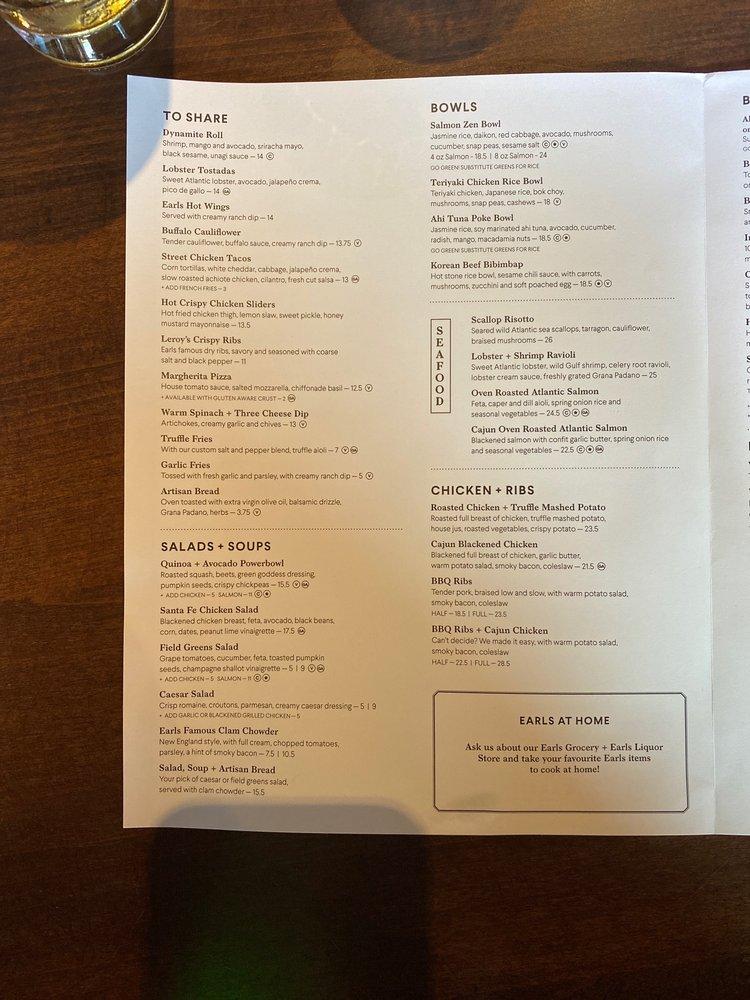 Menu at Earls Kitchen + Bar, Lone Tree, Park Meadows Center Dr