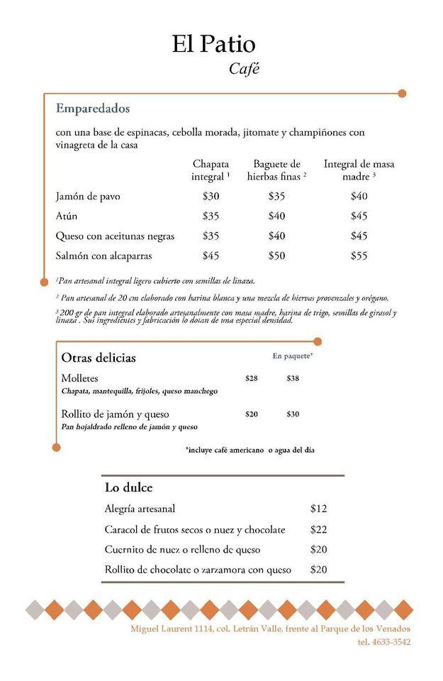 Carta de El Patio Café, Ciudad López Mateos, Miguel Laurent 1114B