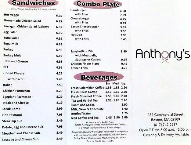 Menu at Anthony's Cafe, Boston