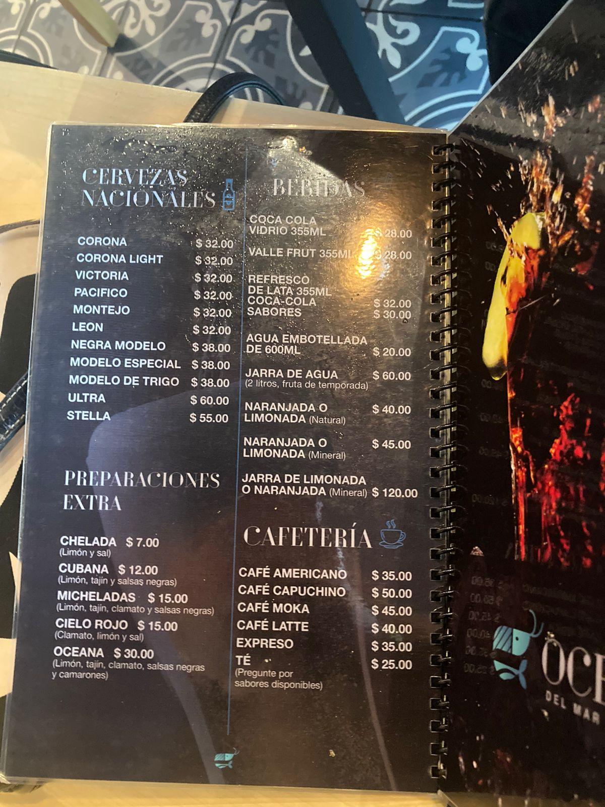 Menu at Oceana restaurant, Atlacomulco