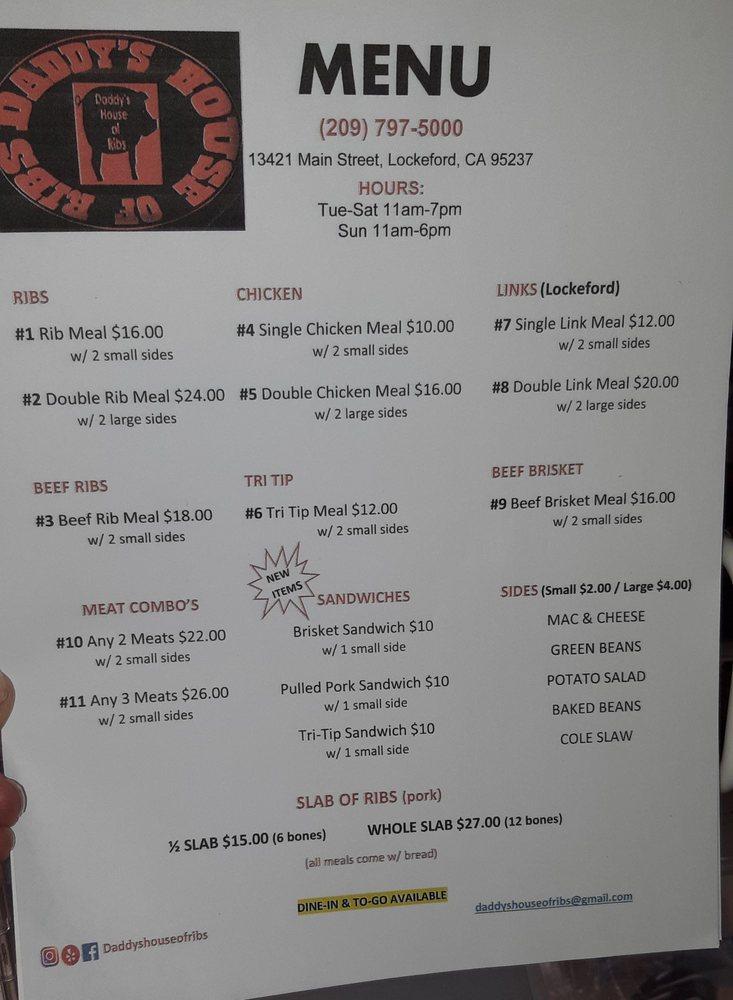 Menu at Daddy's House of Ribs BBQ, Lockeford