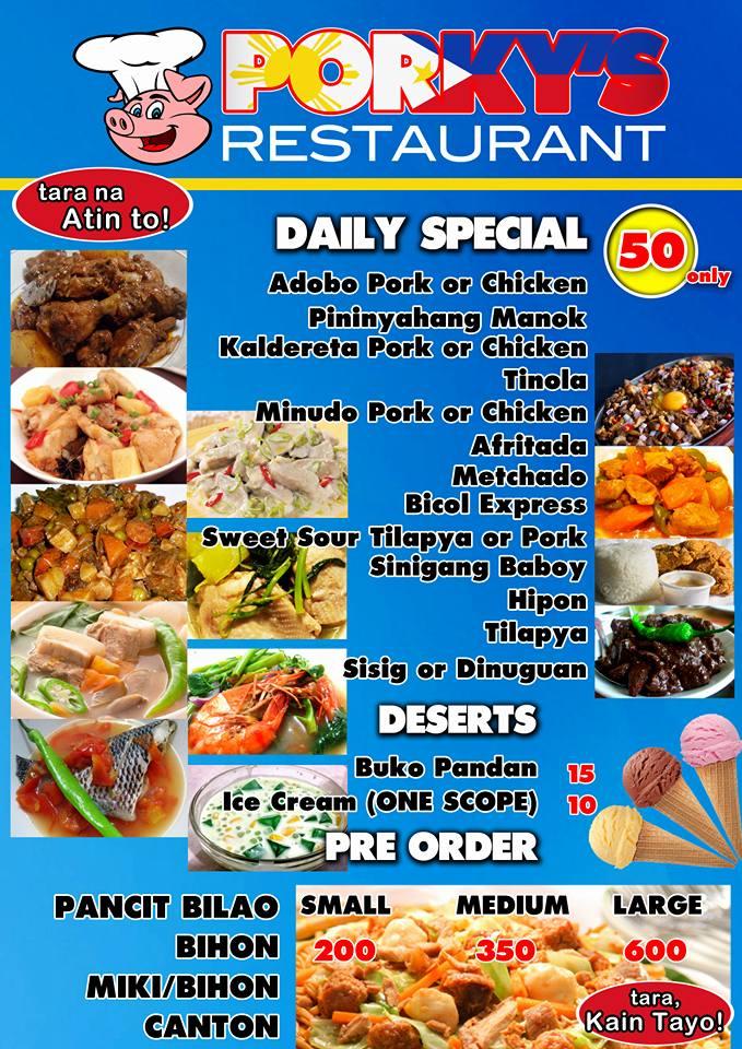 Menu at Porky's Restaurant, Lipa