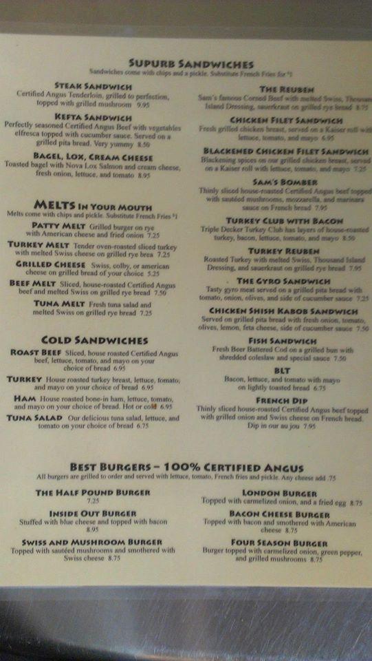 Menu at Sam's Diner restaurant, Tichigan