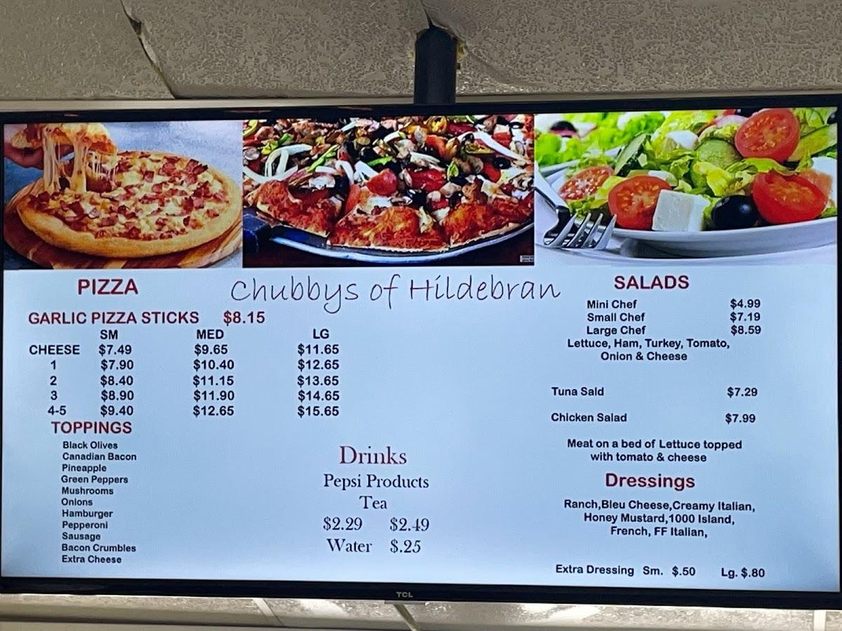 Menu at Chubby's of Hildebran pizzeria, Hildebran