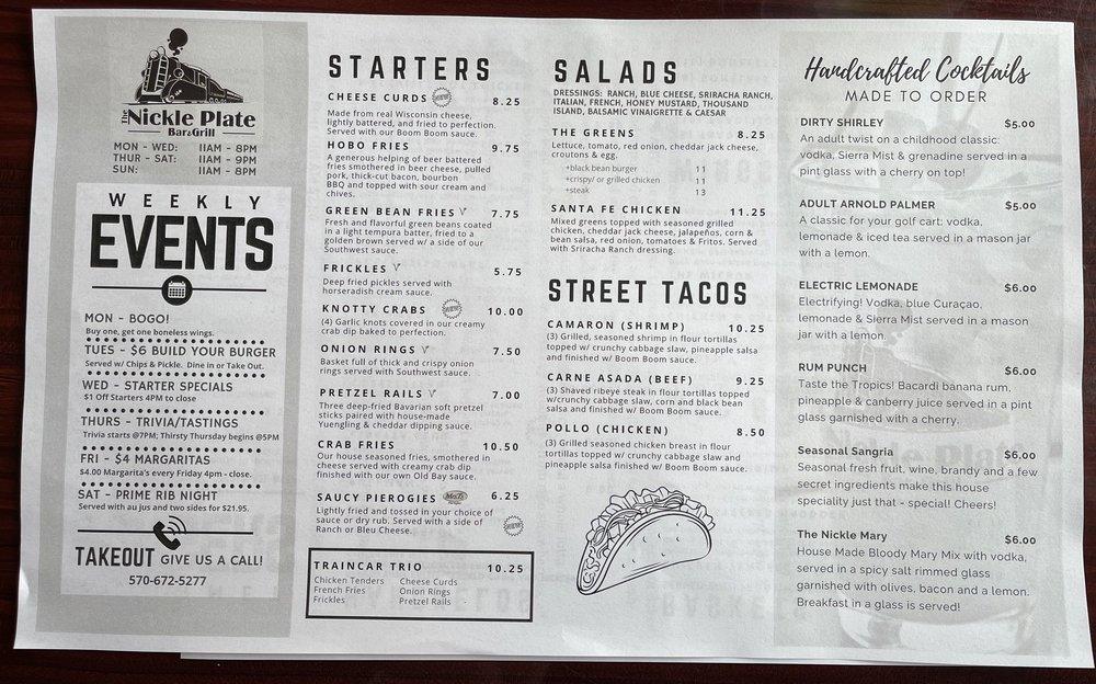 Menu at The Nickle Plate Bar & Grill, Elysburg