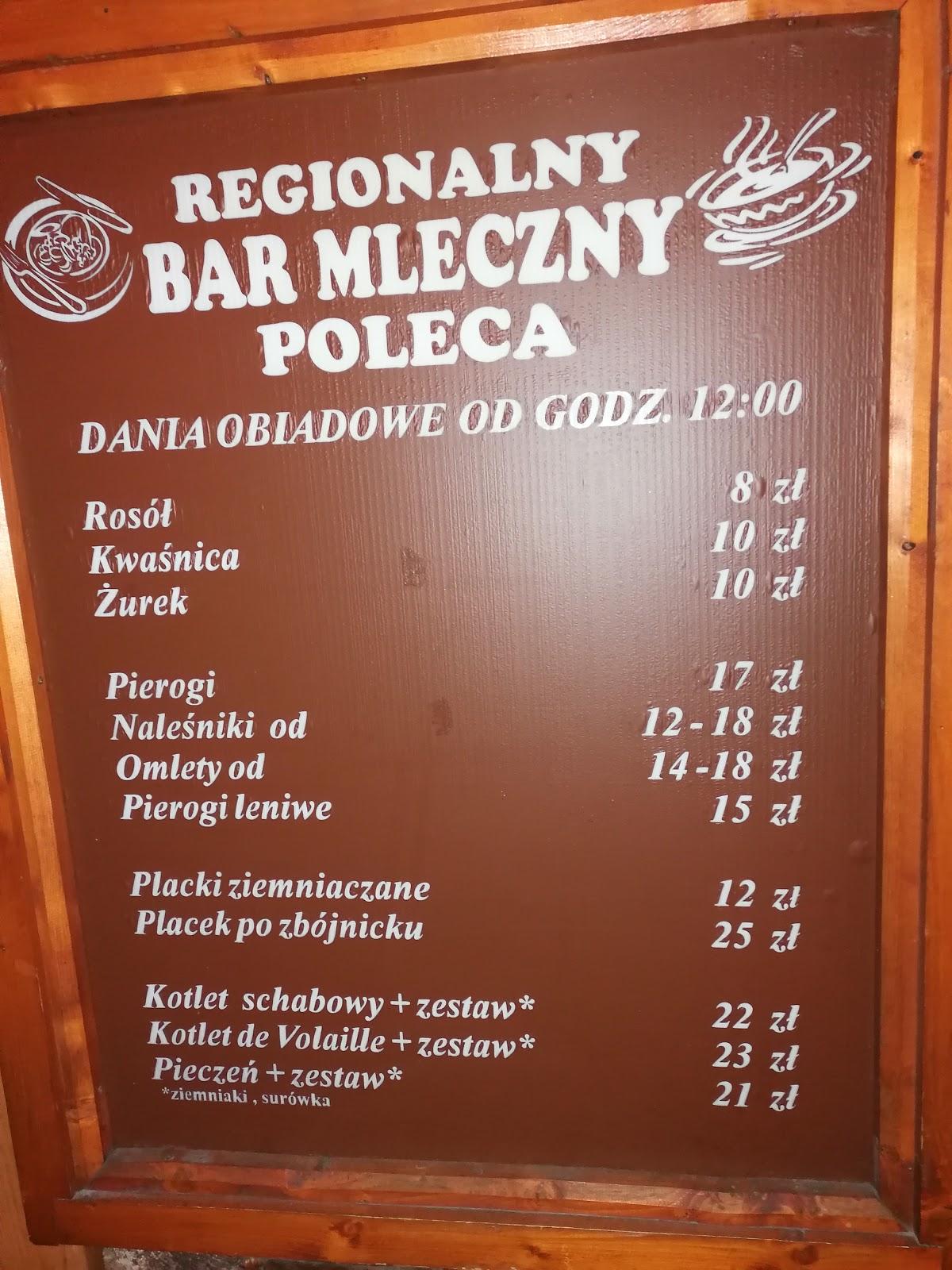 Menu at Bar Mleczny, Zakopane, Hr. Władysława Zamoyskiego 5