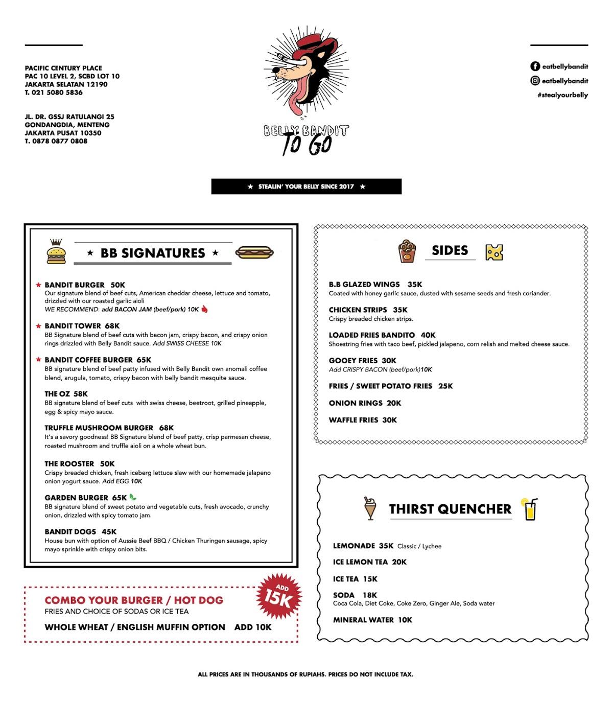 Menu at Belly Bandit Menteng restaurant, Central Jakarta