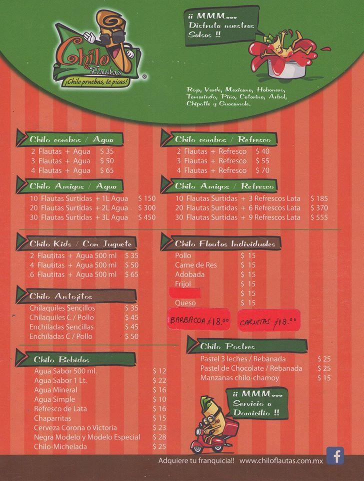 Menu at Chilo Flautas restaurant, Tlalnepantla de Baz