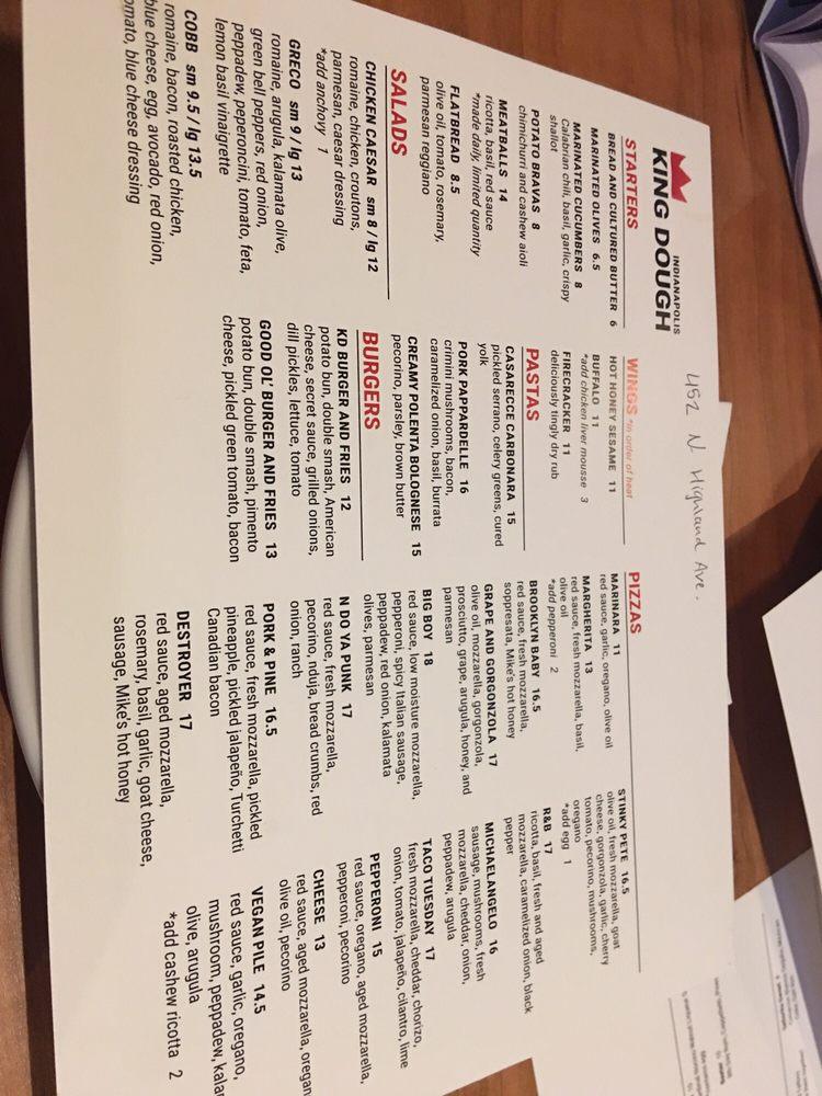 Menu at King Dough pizzeria, Indianapolis