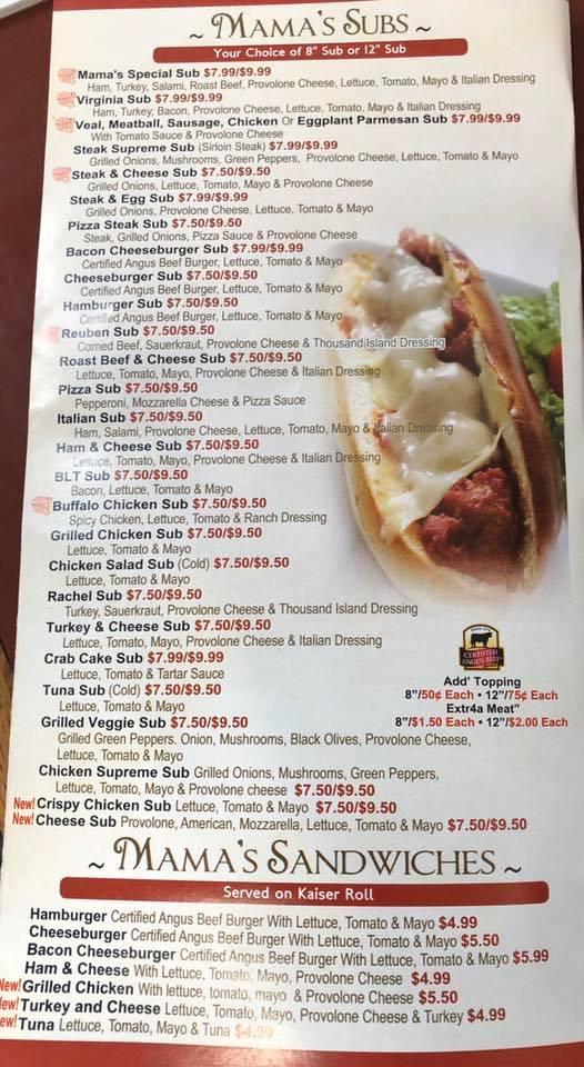 Menu at Mama's Pizza & Subs pizzeria, Culpeper