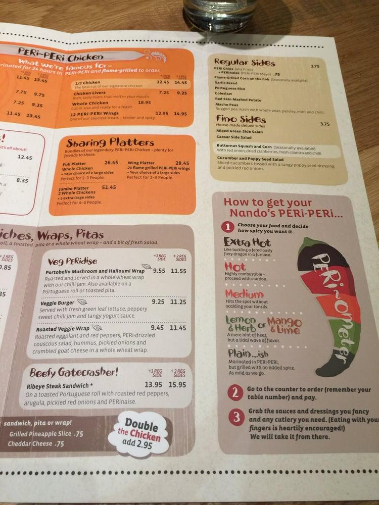 Menu at Nando's PERi-PERi restaurant, Naperville