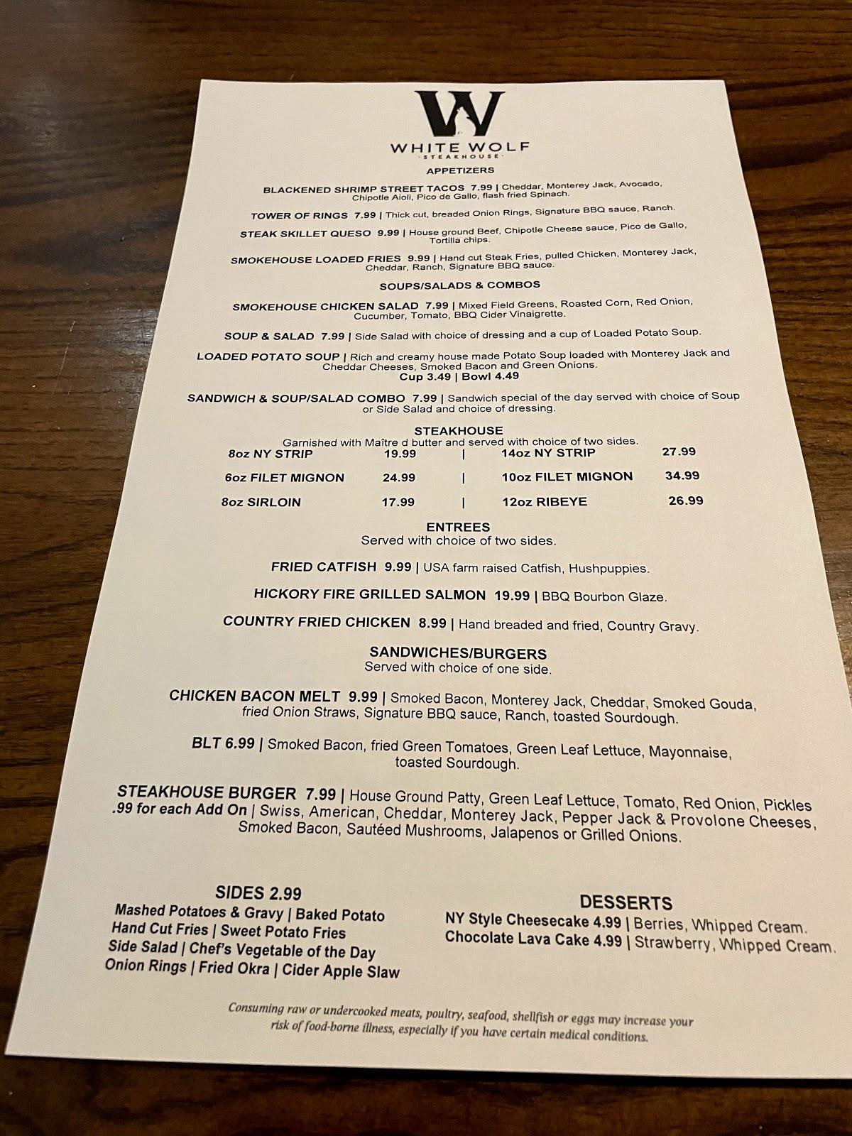 Menu at White Wolf Steakhouse, Tahlequah