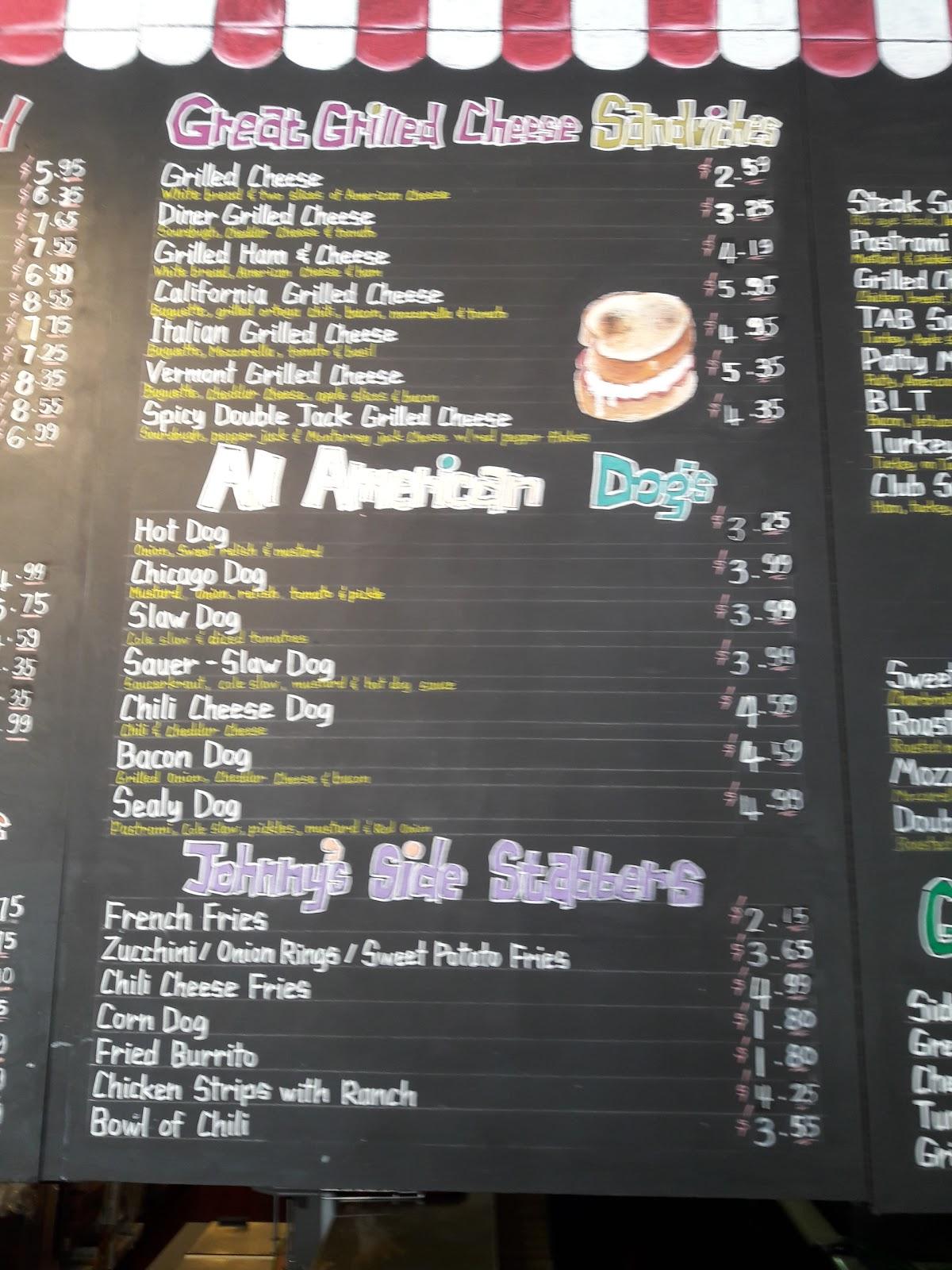 Menu at Johnny's Burgers restaurant, Riverside, Riverside Plaza Dr