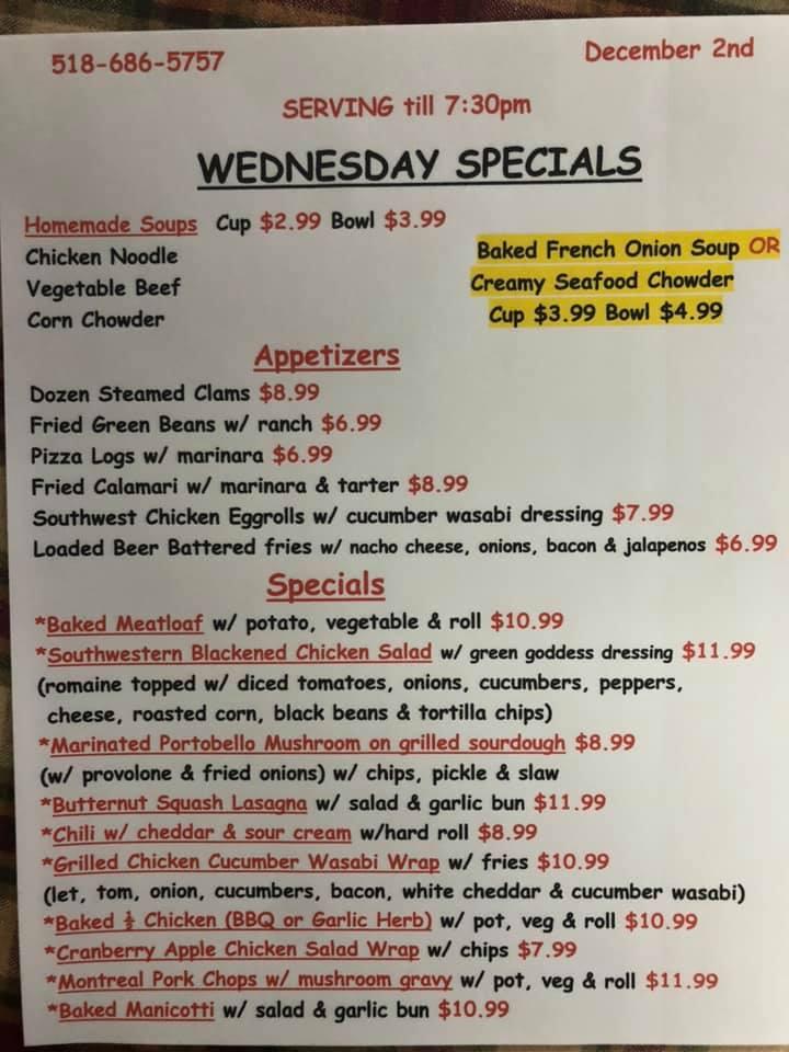 Menu at Fall's Diner restaurant, Hoosick Falls