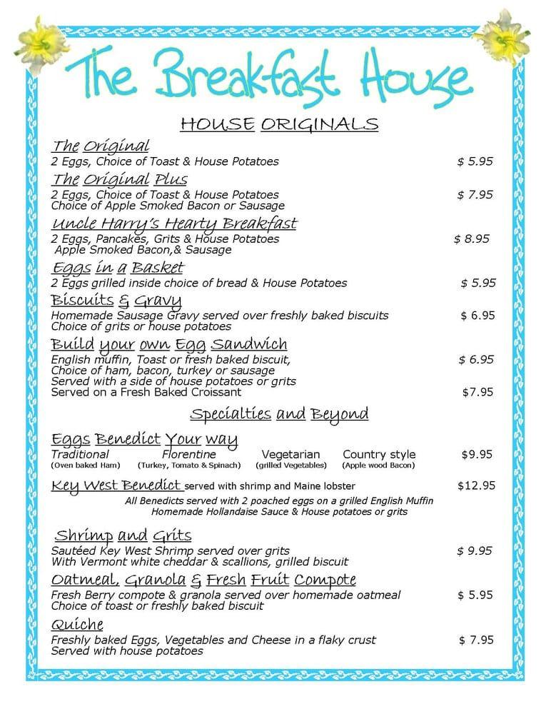 Menu at The Breakfast House restaurant, Sarasota