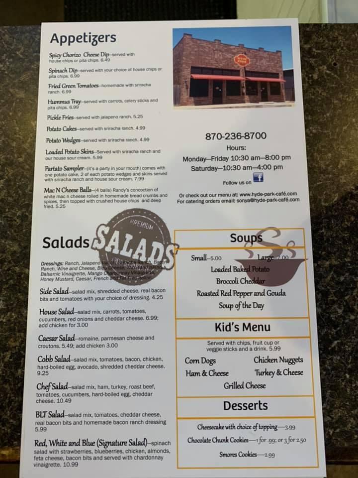 Menu at Hyde Park Cafe, Paragould