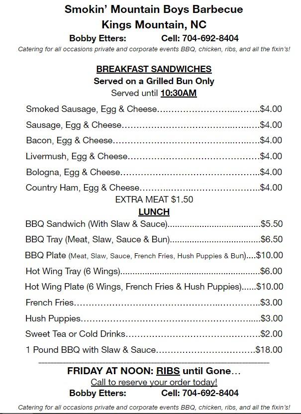 Menu at Smokin Mountain Boys BBQ Kings Mountain, Kings Mountain