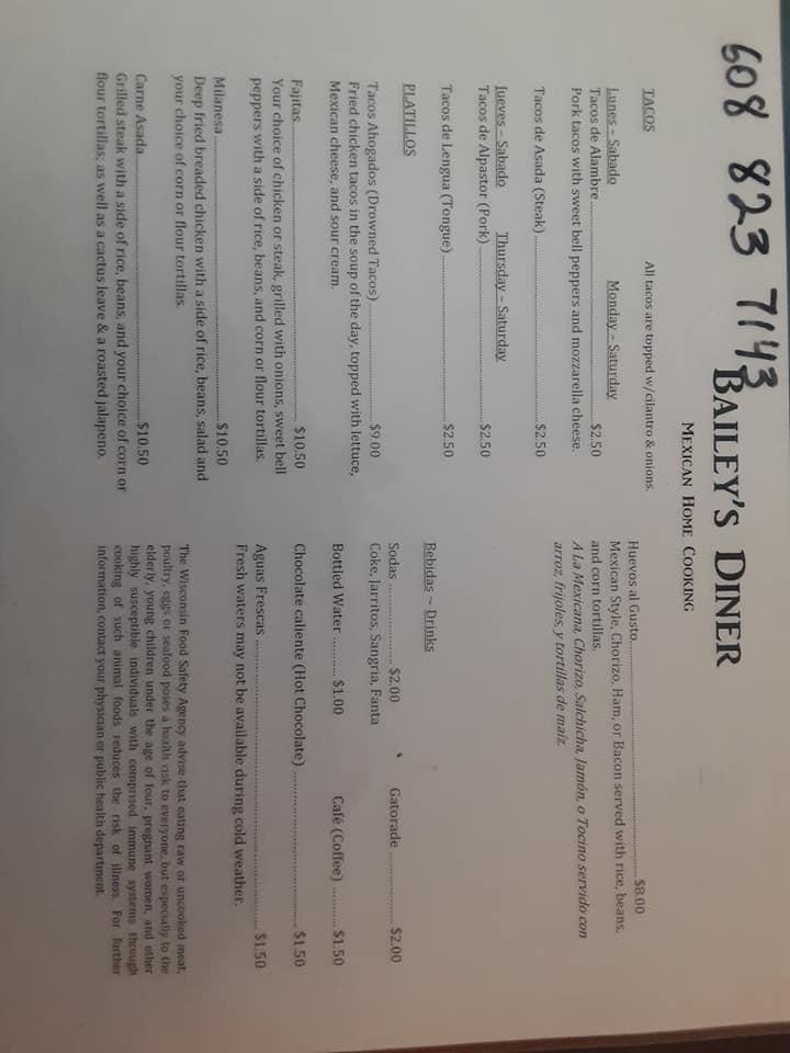 Menu at Bailey's Diner restaurant, Norwalk