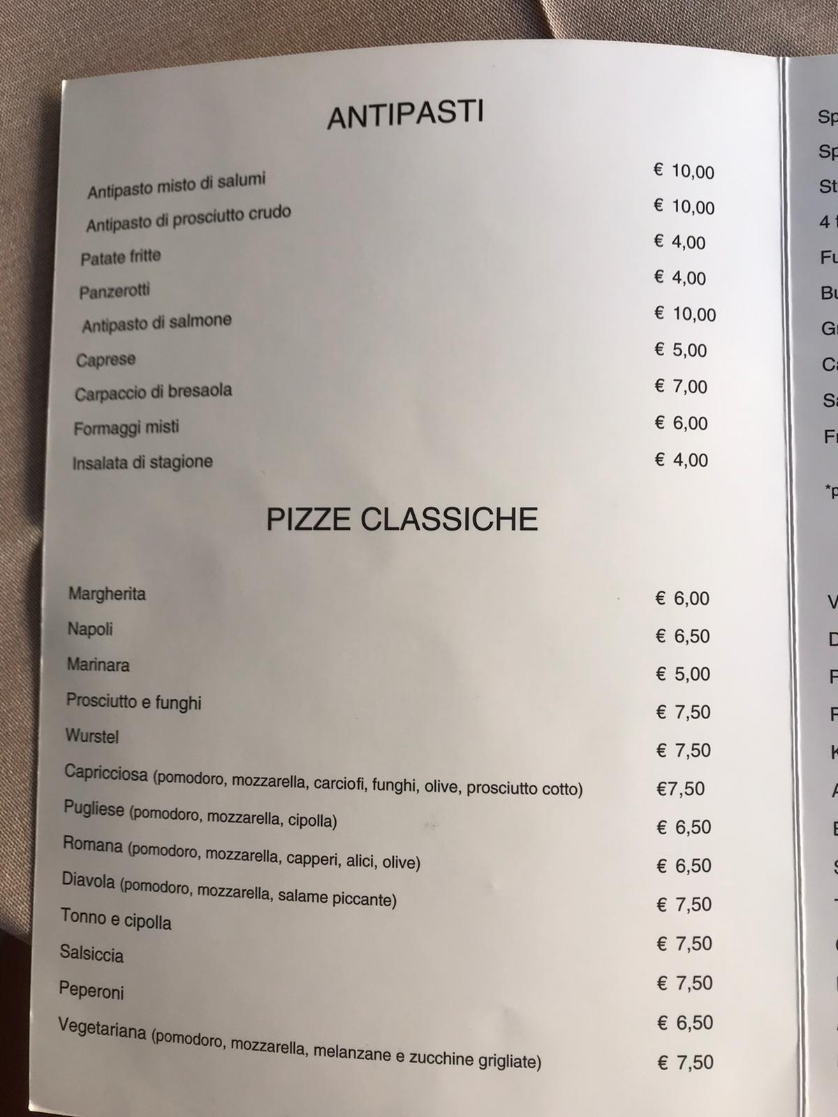 menù trattoria pizzeria la volpe