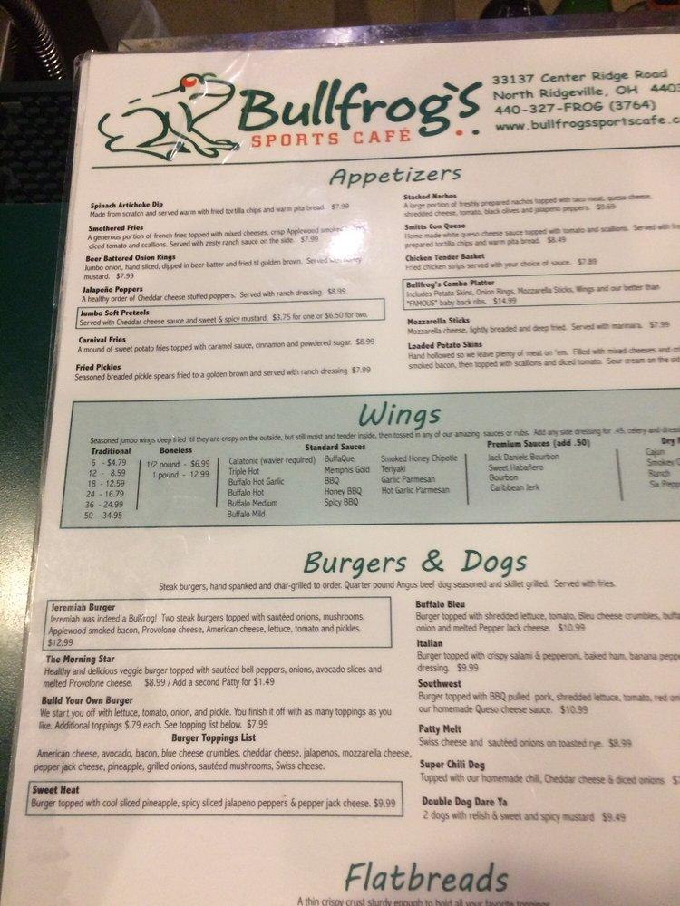 Menu at Bullfrog's Sports Café pub & bar, North Ridgeville