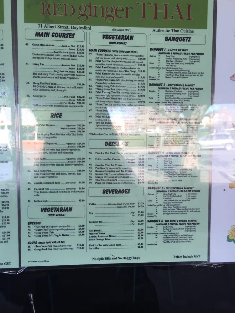 Menu at Red Ginger Thai restaurant, Daylesford
