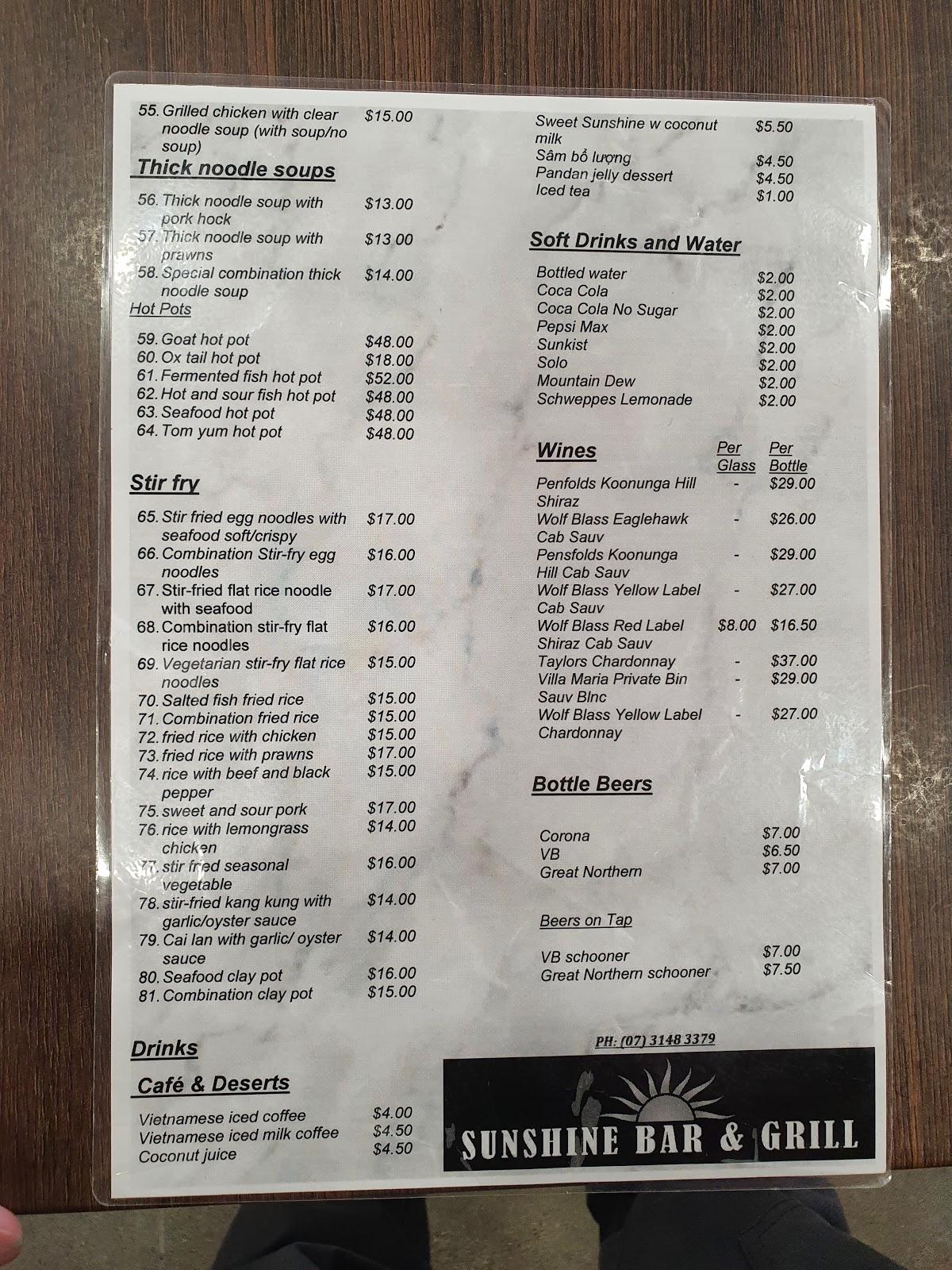 Menu at Sunshine Bar & Grill, Inala