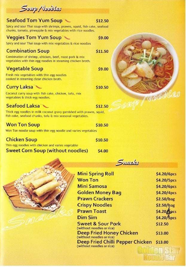 Menu at Golden Star Noodle Bar, Ascot