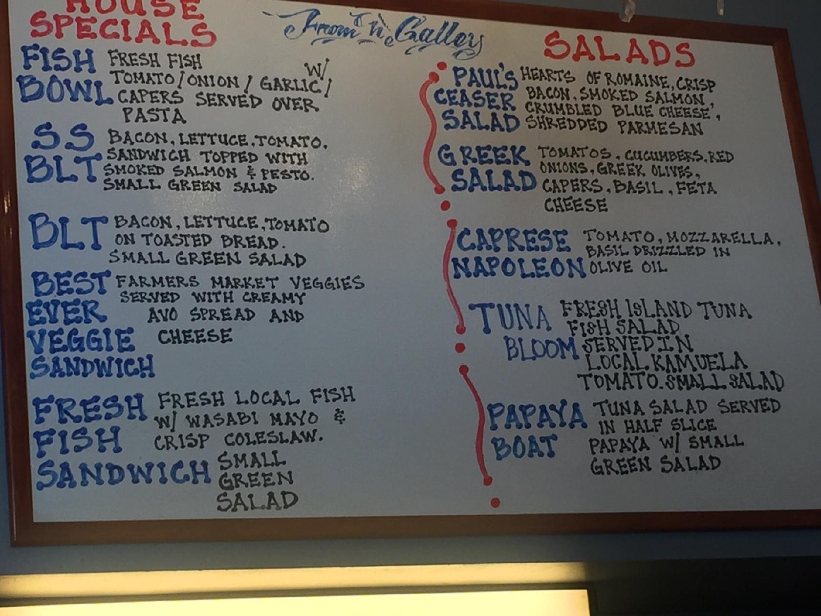 Menu at Paul's Place cafe, Hilo