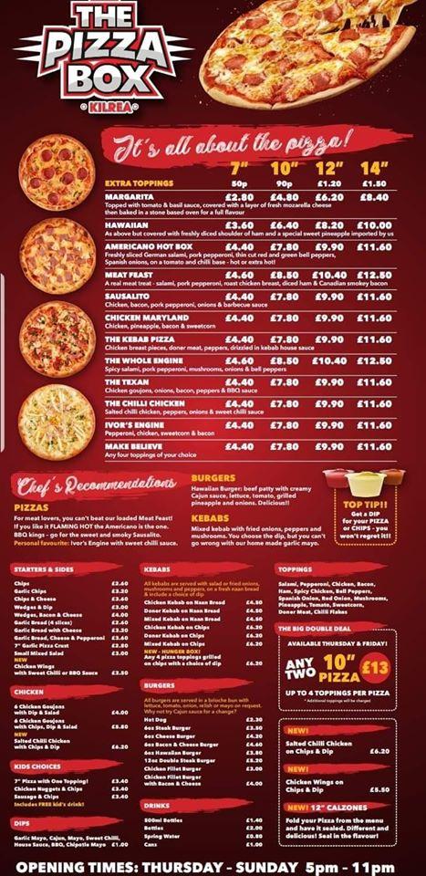 Menu at The Pizza Box Kilrea fast food, Kilrea