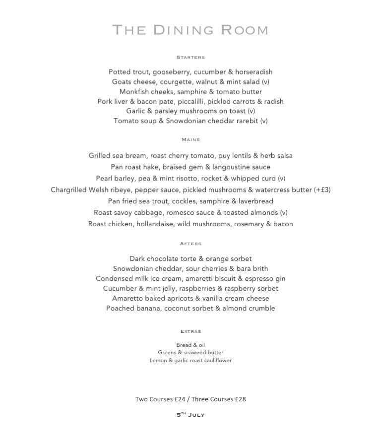 Menu At The Dining Room Restaurant, Abersoch