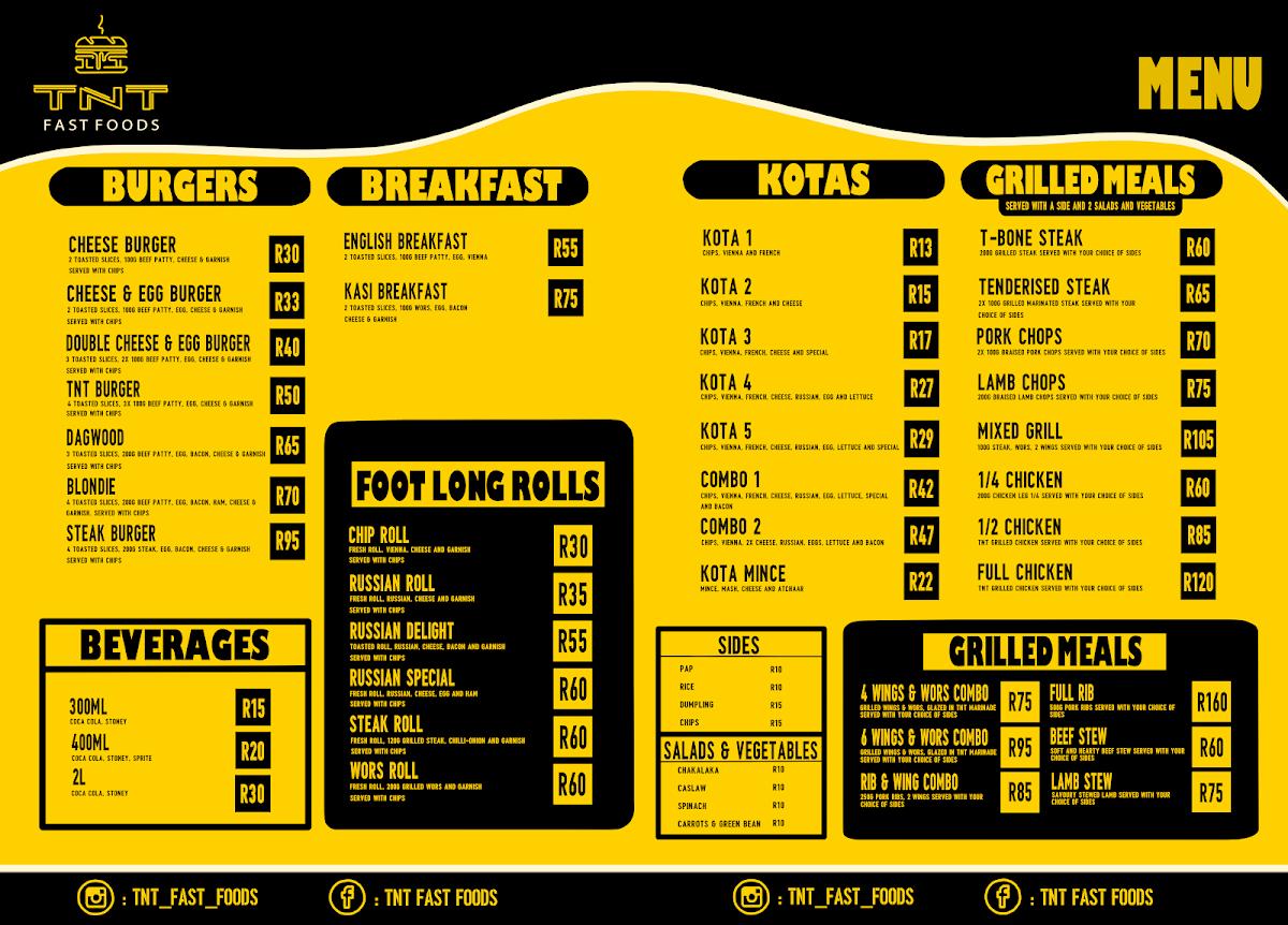 Menu at TnT Fast Foods, Johannesburg South