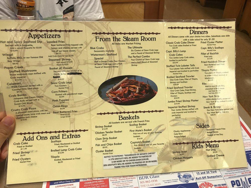 Menu at Captain Billy's Crab House restaurant, Popes Creek